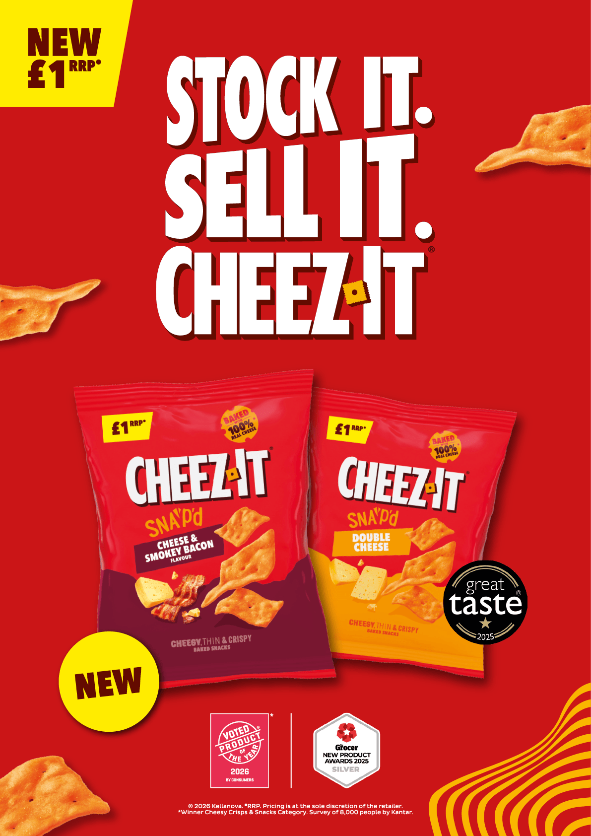 Bold white text on a red background promotes Cheez-It snacks with two bags of Snap'd flavors, Cheese & Smoky Bacon and Double Cheese, alongside labels indicating new pricing and awards. Description generated by AI