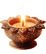 A lit decorative oil lamp with intricate floral and geometric patterns carved into its bronze-colored metal surface. Description generated by AI