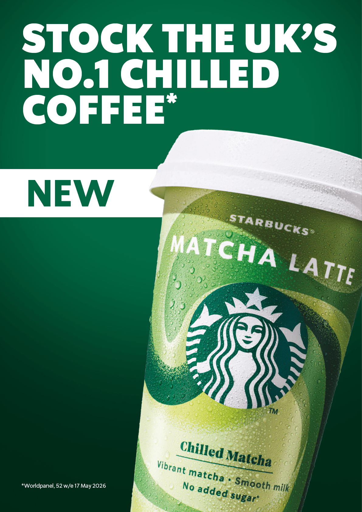 Starbucks advertises its new chilled Matcha Latte as the UK's number one chilled coffee with vibrant matcha, smooth milk, and no added sugar. Description generated by AI